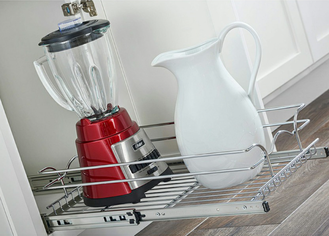 Rev-A-Shelf Chrome Pull-out drawer in Use with a Blender and Pitcher