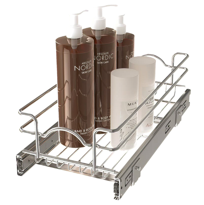 Rev-A-Shelf Chrome Pull-Out in use with Bathroom Products