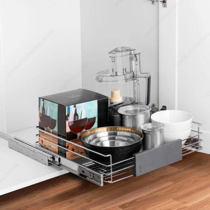 Adjustable Chrome Storage Pullout with kitchen tools