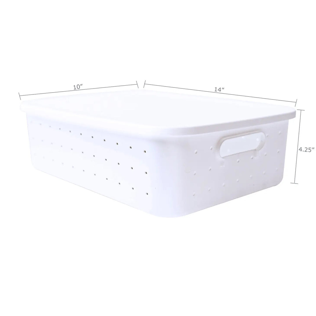 Small White Stackable Storage Bin with Lid and Dimensions