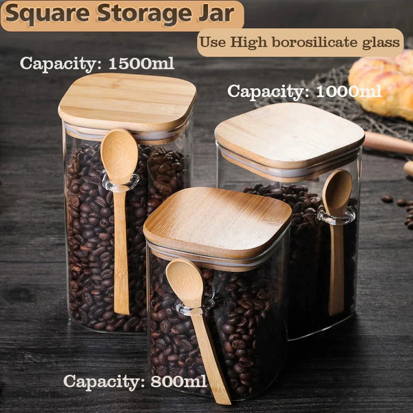 Large Capacity Square Sealed Glass Storage Jar with Spoon