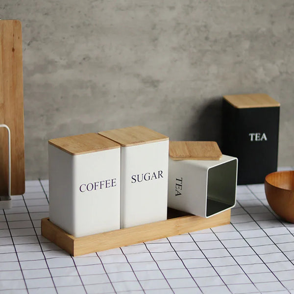 Coffee Bean, Tea Bag and Sugar Storage With Bamboo Lid