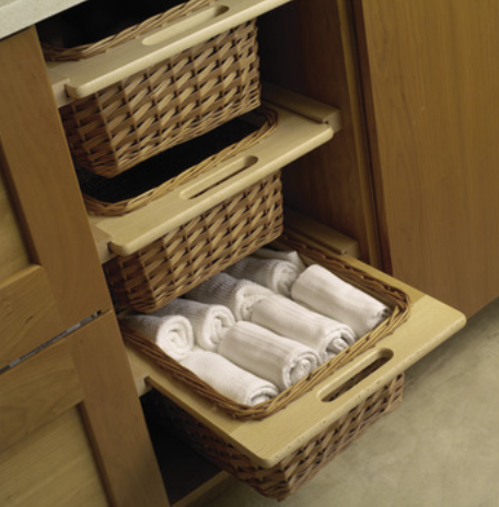 Three Wicker basket pullouts in base cabinet